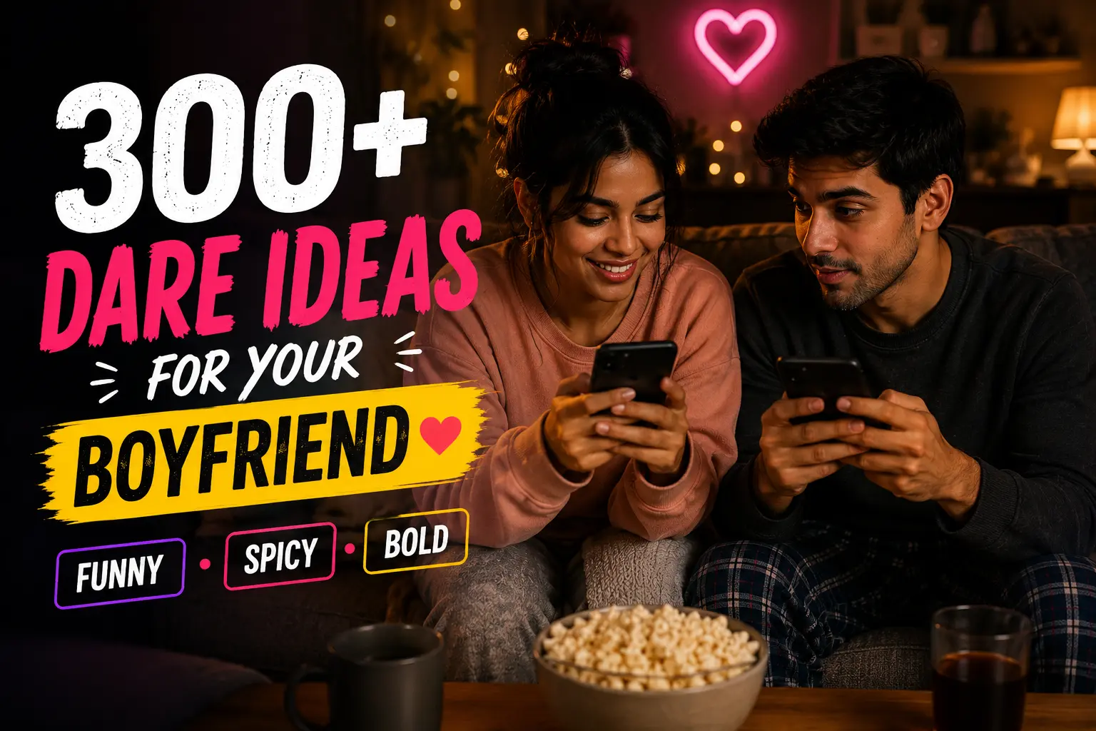 A couple laughing together on a couch while playing a fun truth or dare game on their phones